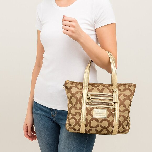 Coach Poppy Gold and Khaki Large Tote with Brilliant Blue Lining - Picture 2 of 15